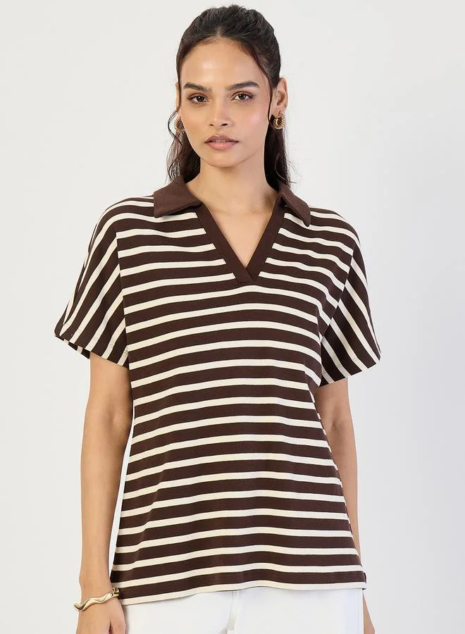 Femmella Brown Striped Knit Polo T-Shirt
